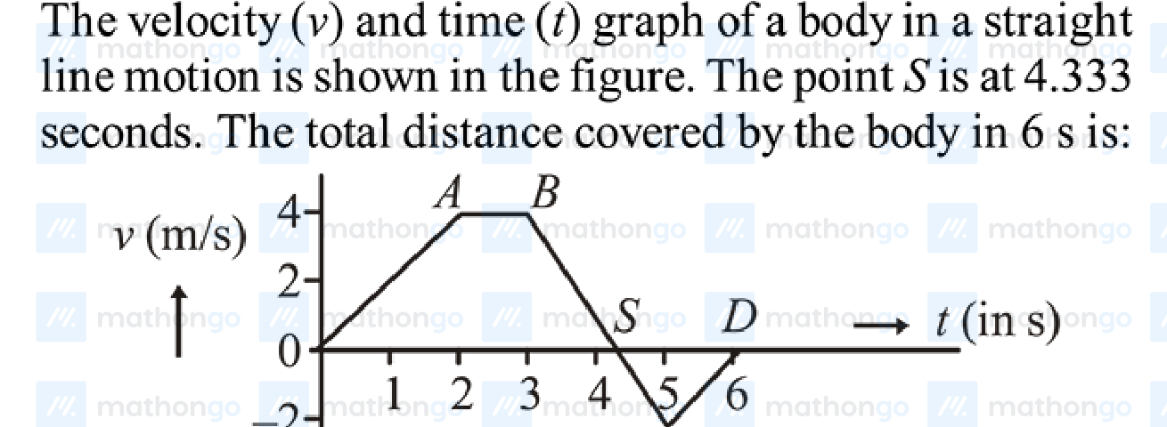 v (m/s) vs t (in s) graph — velocity goes from 0 to 4 m/s at t=0 to t=2 (points A, B), then drops linearly crossing zero at S ≈ 4.333 s (point C), continues to -2 m/s at t=5 (point D), then changes