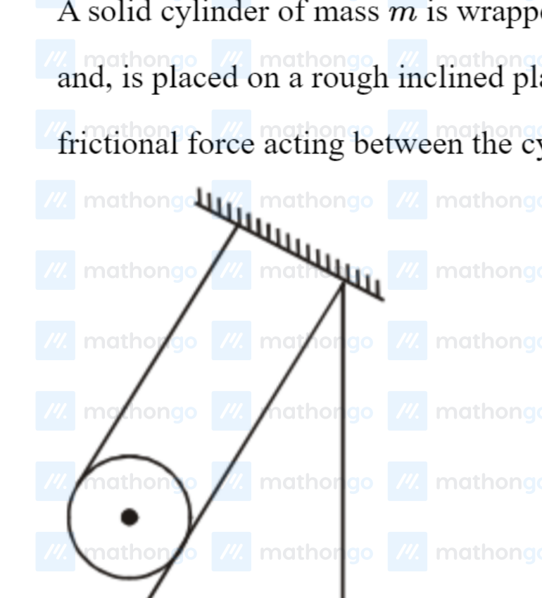 Cylinder on rough inclined plane at 60$°$, string attached to ceiling. The coefficient of static friction, $\mu_s$, is 0.4