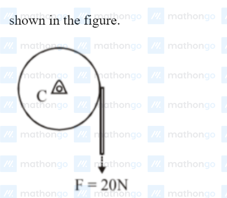 Circular disk pin-supported at center, string wrapped around periphery with force F = 20 N pulling downward